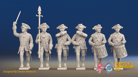 Seven Years’ War Prussian Musketeers Command - March Attack - Set 15, front view. Supplied unpainted.
