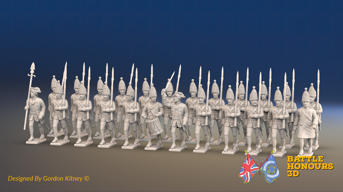 Seven Years’ War Prussian Grenadier Battalion - March Attack - Plain Lapels and Pointed Lapel Lace - 30 Figures, front view. Supplied unpainted.