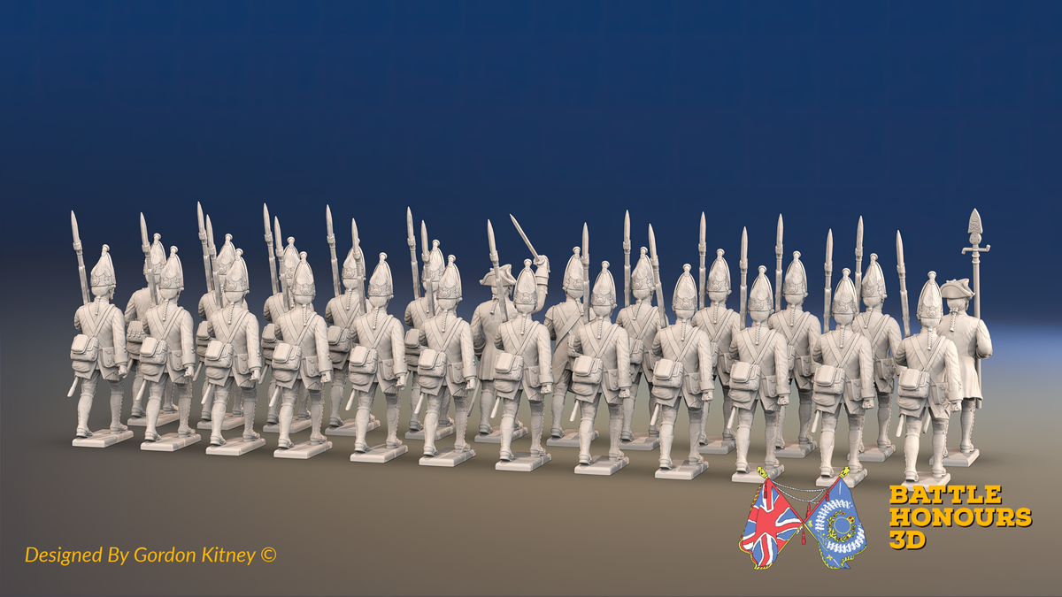 Seven Years’ War Prussian Grenadier Battalion - March Attack - Plain Lapels and Pointed Lapel Lace - 30 Figures, rear view. Supplied unpainted.