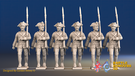 Seven Years’ War Prussian Musketeers - March Attack - Set 3, front view. Supplied unpainted.