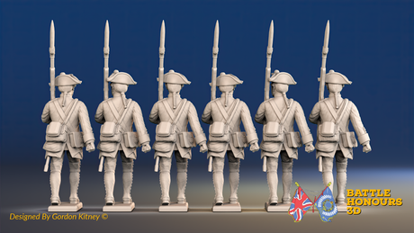 Seven Years’ War Prussian Musketeers - March Attack - Set 3, rear view. Supplied unpainted.