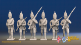 Seven Years’ War Russian Grenadiers - Advancing - Summer Uniform - Observation Corps - Rolled Coats, front view. Supplied unpainted.