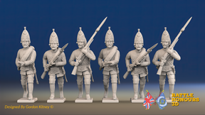Seven Years’ War Russian Grenadiers - Advancing - Summer Uniform - Observation Corps - Rolled Coats, front view. Supplied unpainted.