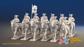 Seven Years’ War Prussian Dragoon Regiment - Trotting - Tricornes - 12 Mounted Figures, front view. Supplied unpainted.