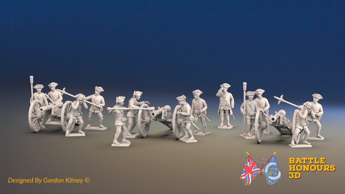 Seven Years’ War Russian Artillery Battery - 12-Pounders - Summer Uniform - 3 Guns and 13 Figures, front view. Supplied unpainted.