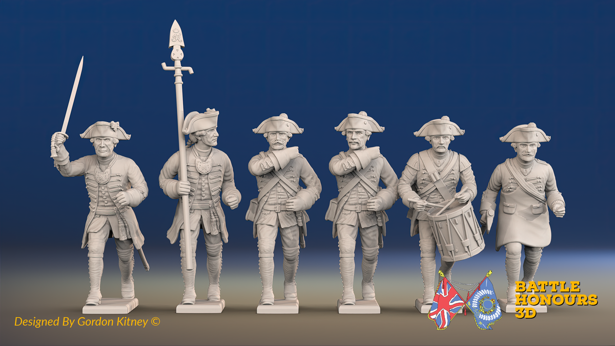 Seven Years’ War Prussian Musketeers Command - Charging - Set 3, front view. Supplied unpainted.