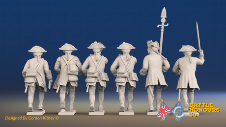 Seven Years’ War Prussian Musketeers Command - Charging - Set 3, rear view. Supplied unpainted.