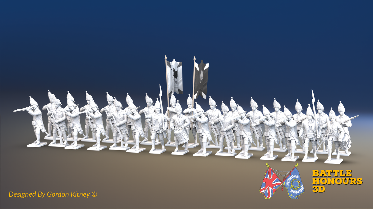 Seven Years’ War Russian Grenadier Battalion - Firing - Winter Uniform - Observation Corps - 30 Figures, front view. Supplied unpainted.