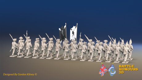 Seven Years’ War Russian Musketeer Battalion - Advancing - Summer Uniform - Observation Corps - Rolled Coats - 30 Figures, rear view. Supplied unpainted.