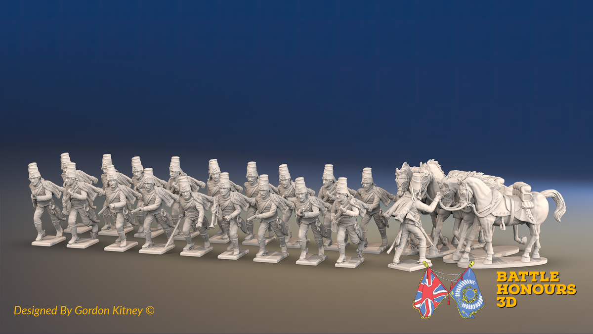 Seven Years’ War Prussian Dismounted Hussars - Charging - Mirlitons, Set 1 - 19 Figures and 4 Horses, front view. Supplied unpainted.