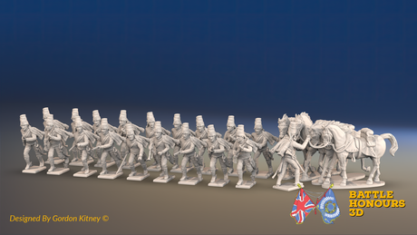 Seven Years’ War Prussian Dismounted Hussars - Charging - Mirlitons, Set 1 - 19 Figures and 4 Horses, front view. Supplied unpainted.