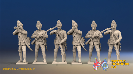 Seven Years’ War Prussian Fusiliers - Firing Line - Set 1, front view. Supplied unpainted.
