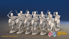 Seven Years’ War Prussian Hussar Regiment - Galloping - Fur Caps - 12 Mounted Figures, front view. Supplied unpainted.