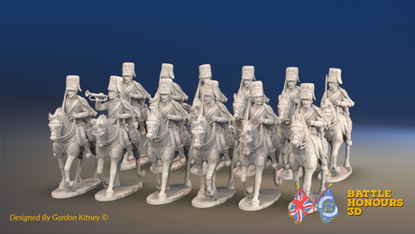 Seven Years’ War Prussian Hussar Regiment - Trotting - Fur Caps - 12 Mounted Figures, front view. Supplied unpainted.