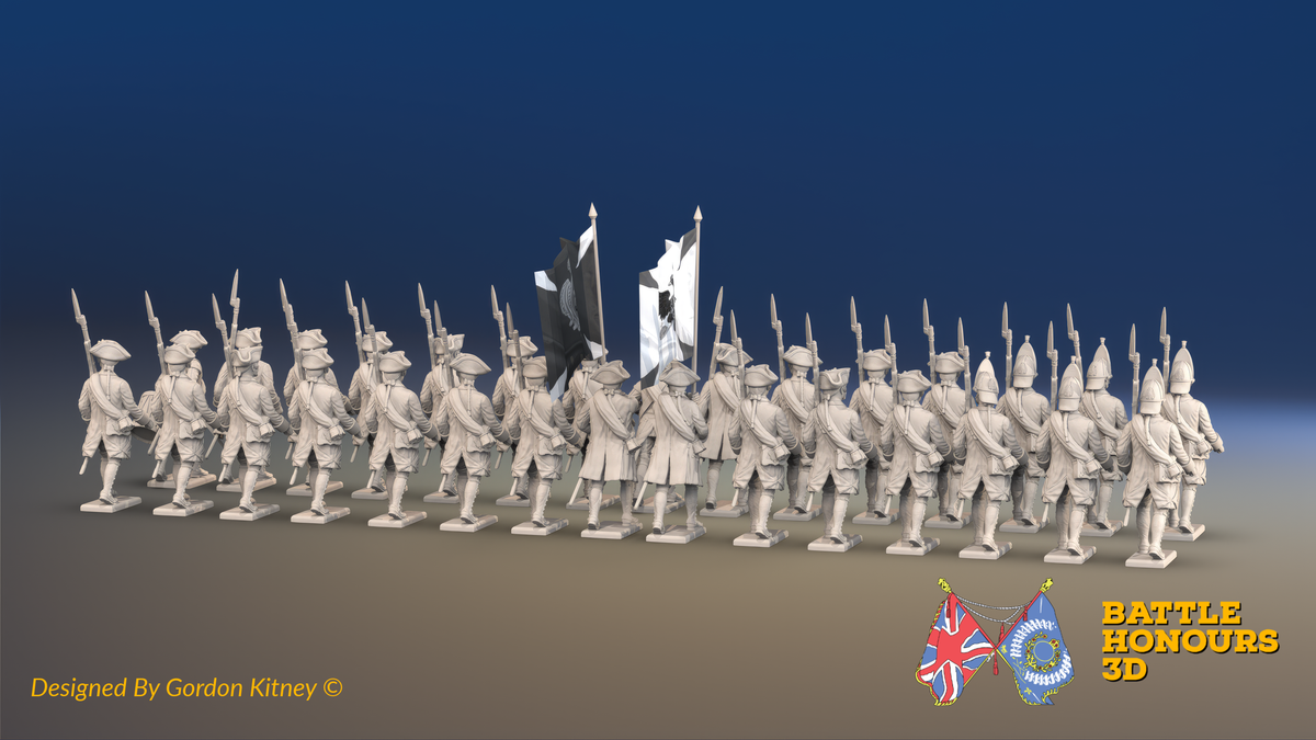 Seven Years’ War Russian Musketeer Battalion - March Attack - Winter Uniform - Rolled Cloaks - 30 Figures, rear view. Supplied unpainted.