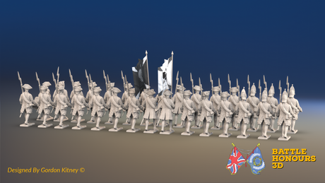 Seven Years’ War Russian Musketeer Battalion - March Attack - Winter Uniform - Rolled Coats - 30 Figures, rear view. Supplied unpainted.
