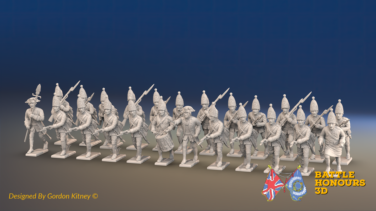 Seven Years’ War Prussian Grenadier Battalion - Charging - Plain Lapels and Coats Without Lapels - 30 Figures, front view. Supplied unpainted.