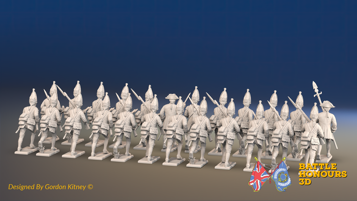Seven Years’ War Prussian Grenadier Battalion - Charging - Plain Lapels and Coats Without Lapels - 30 Figures, rear view. Supplied unpainted.