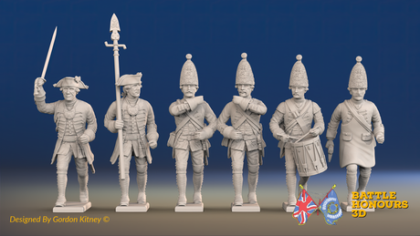 Seven Years’ War Prussian Grenadiers Command - Charging - Set 6, front view. Supplied unpainted.