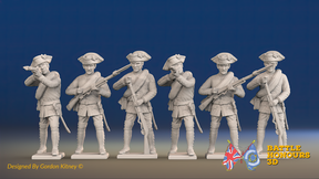 Seven Years’ War Russian Musketeers - Firing - Summer Uniform - Rolled Cloaks, front view. Supplied unpainted.