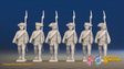 Seven Years’ War Russian Musketeers - March Attack - Summer Uniform - Rolled Coats, front view. Supplied unpainted.