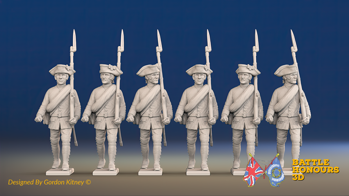 Seven Years’ War Russian Musketeers - March Attack - Summer Uniform - Rolled Coats, front view. Supplied unpainted.