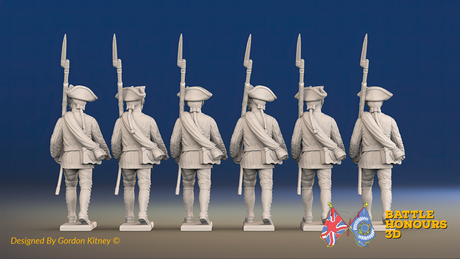 Seven Years’ War Russian Musketeers - March Attack - Summer Uniform - Rolled Coats, rear view. Supplied unpainted.