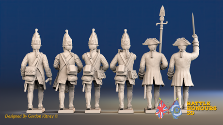 Seven Years’ War Prussian Grenadiers Command - March Attack - Set 3, rear view. Supplied unpainted.