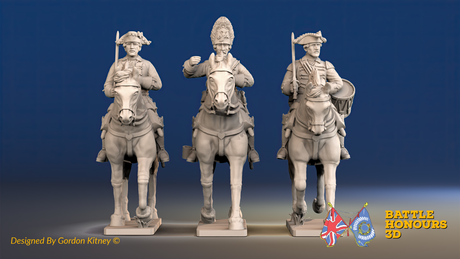 Seven Years’ War Prussian Dragoons Command - Trotting - Set 2 - Command 2, front view. Supplied unpainted.
