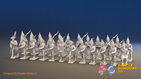 Seven Years’ War Prussian Grenadier Battalion - Charging - Plain Lapels and Pointed Lapel Lace - 30 Figures, front view. Supplied unpainted.