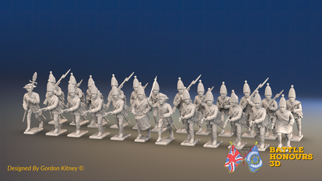 Seven Years’ War Prussian Grenadier Battalion - Charging - Set 1 and 3 - 24 Figures, front view. Supplied unpainted.