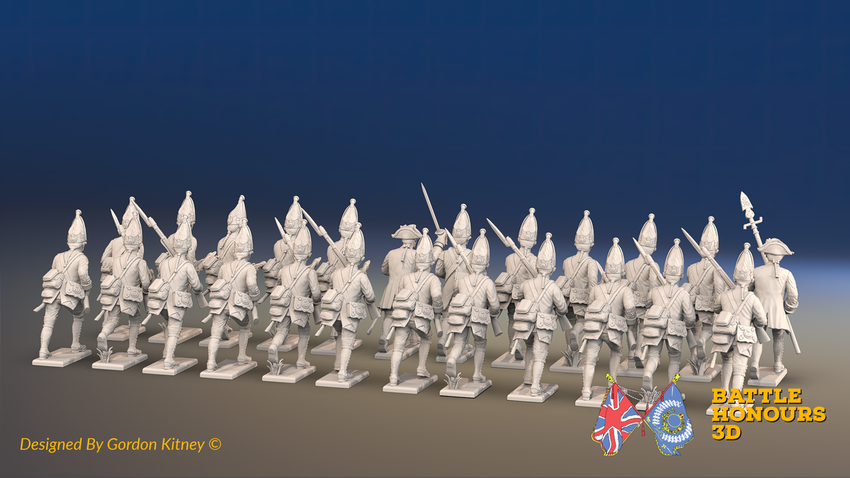 Seven Years’ War Prussian Grenadier Battalion - Charging - Plain Lapels and Pointed Lapel Lace - 30 Figures, rear view. Supplied unpainted.