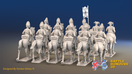 Seven Years’ War Prussian Dragoon Regiment - Trotting - Set 2 - 12 Mounted Figures, rear view. Supplied unpainted.