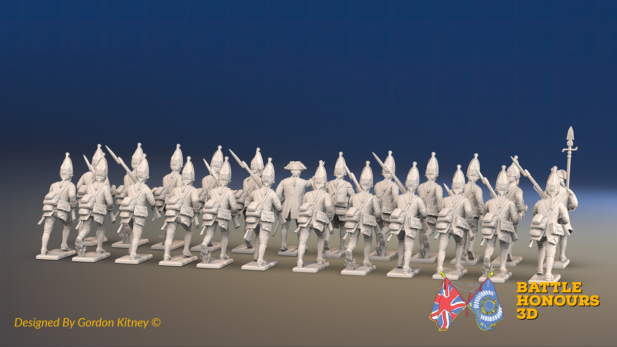 Seven Years’ War Prussian Grenadier Battalion - Charging - Pointed Lapel Lace and Coats Without Lapels - 30 Figures, rear view. Supplied unpainted.
