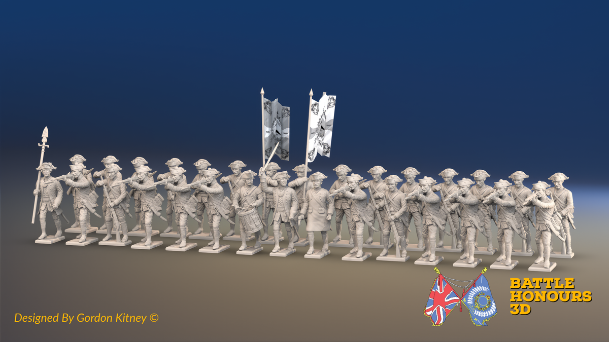 Seven Years’ War Prussian Garrison Musketeer Battalion - Firing Line - Set 4 - 30 Figures, front view. Supplied unpainted.