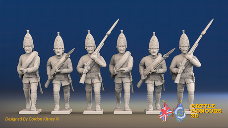 Seven Years’ War Russian Grenadiers - Advancing - Summer Uniform - Rolled Coats, front view. Supplied unpainted.