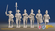 Seven Years’ War Prussian Fusiliers Command - Charging - Straight Lapel Lace, front view. Supplied unpainted.