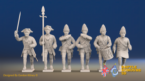 Seven Years’ War Prussian Fusiliers Command - Charging - Straight Lapel Lace, front view. Supplied unpainted.