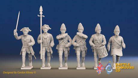 Seven Years’ War Prussian Fusiliers Command - Charging - Set 2, front view. Supplied unpainted.