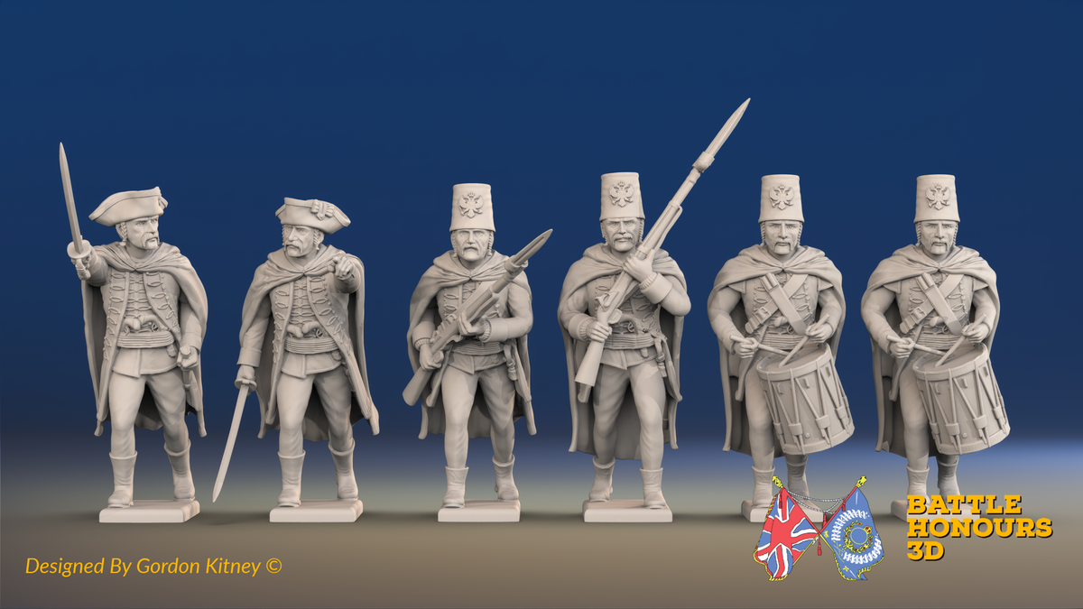 Seven Years’ War Russian Pandurs Command - Charging - Winter Uniform, front view. Supplied unpainted.