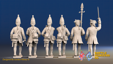 Seven Years’ War Prussian Garrison Grenadiers Command - March Attack - Set 4, rear view. Supplied unpainted.