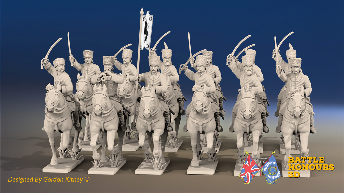 Seven Years’ War Russian Cossack Regiment - Swords - 12 Mounted Figures, front view. Supplied unpainted.