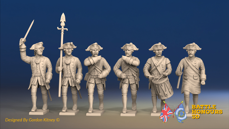 Seven Years’ War Prussian Musketeers Command - Charging - Set 1, front view. Supplied unpainted.