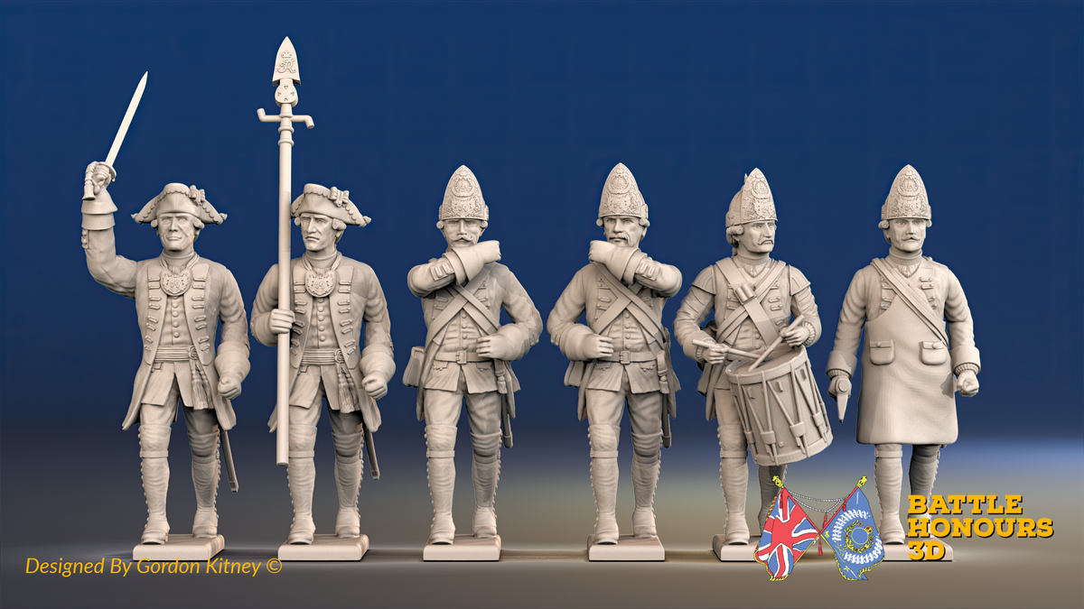 Seven Years’ War Prussian Fusiliers Command - March Attack - Set 2, front view. Supplied unpainted.