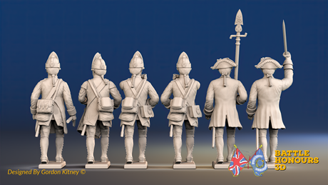 Seven Years’ War Prussian Fusiliers Command - March Attack - Set 2, rear view. Supplied unpainted.