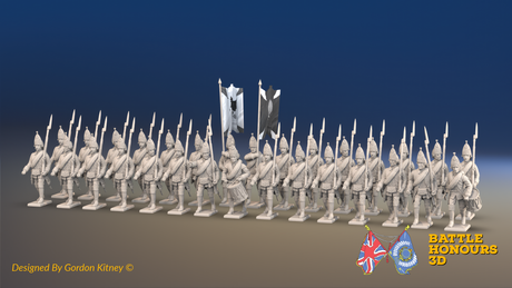 Seven Years’ War Russian Grenadier Battalion - March Attack - Winter Uniform - Observation Corps - Rolled Coats - 30 Figures, front view. Supplied unpainted.
