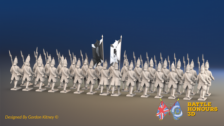 Seven Years’ War Russian Grenadier Battalion - March Attack - Winter Uniform - Observation Corps - Rolled Coats - 30 Figures, rear view. Supplied unpainted.