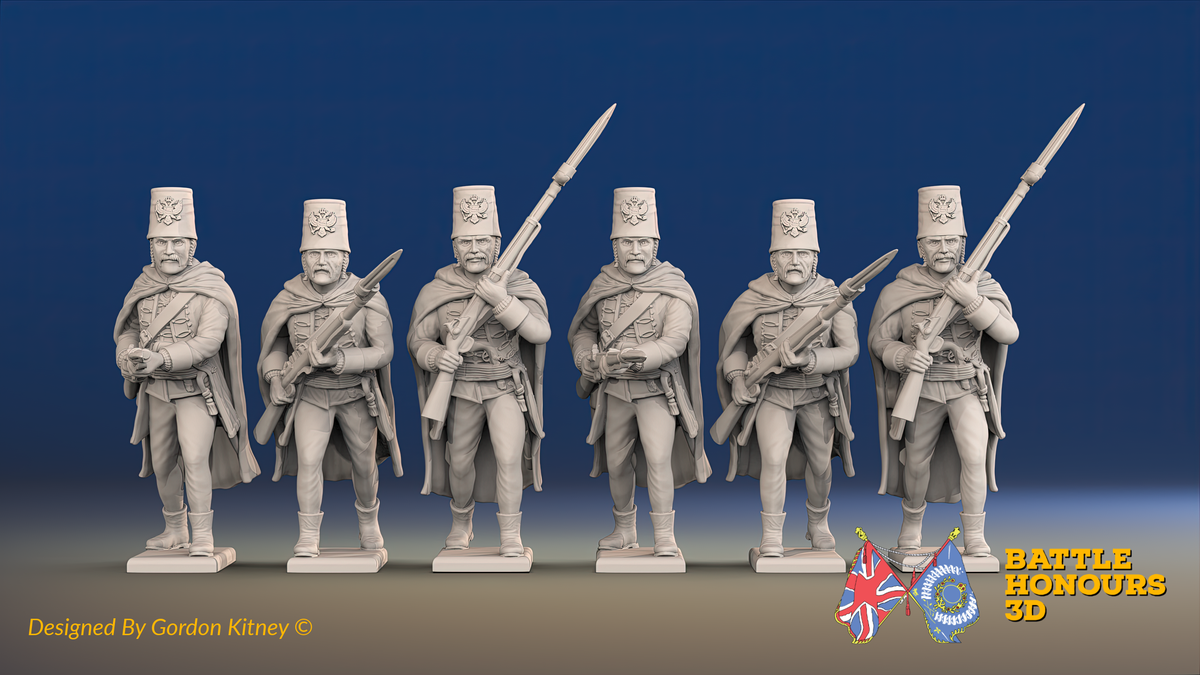 Seven Years’ War Russian Pandurs - Charging - Winter Uniform, front view. Supplied unpainted.