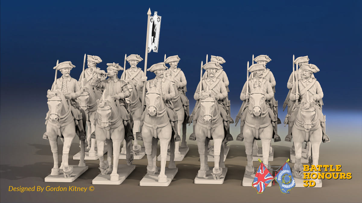 Seven Years’ War Russian Dragoon Regiment - 12 Mounted Figures, front view. Supplied unpainted.