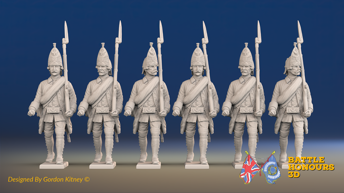 Seven Years’ War Russian Grenadiers - March Attack - Winter Uniform - Rolled Coats, front view. Supplied unpainted.
